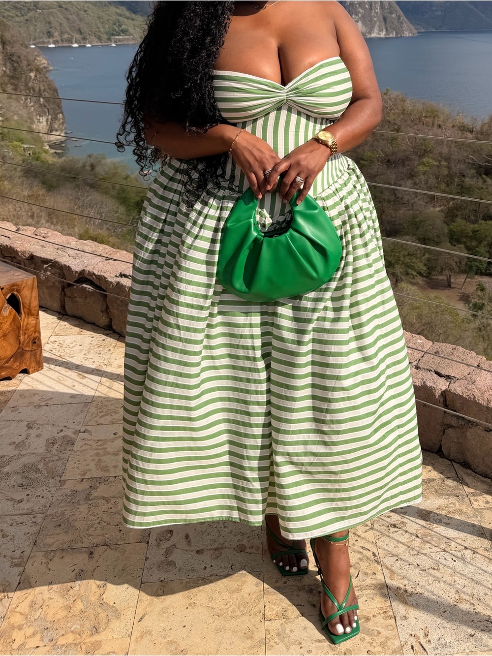 Striped Green and White Strapless Midi Dress - Summer Sweetheart Silhouette